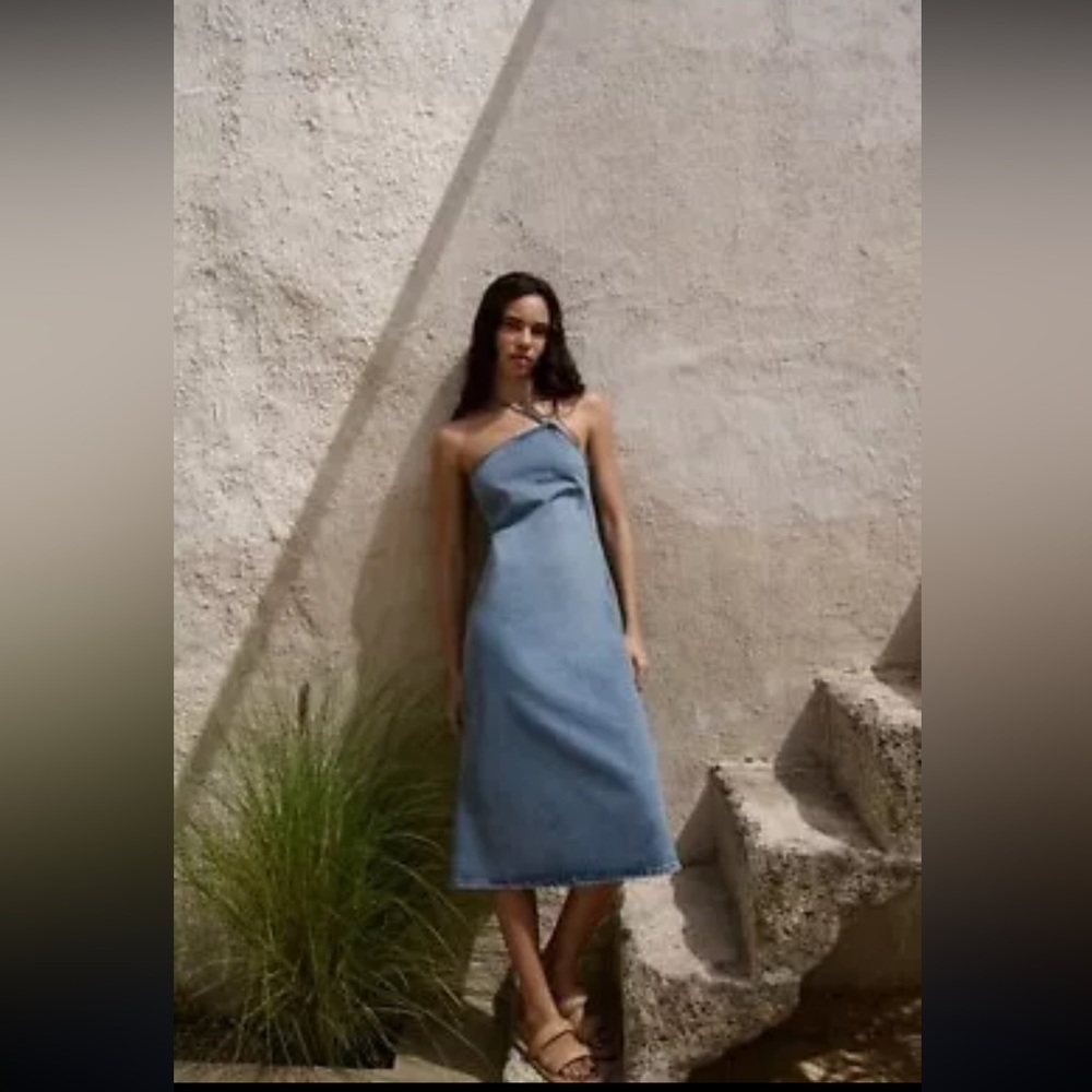 NWOT T ZARA ASYMMETRIC DENIM MIDI DRESS BLUE SIZE SMALL